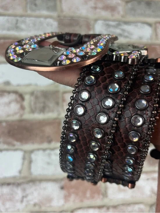 Nocona N3417002 Brown Calf Hair Leather Studded Iridescent Rhinestone Belt Large - Picture 4 of 12